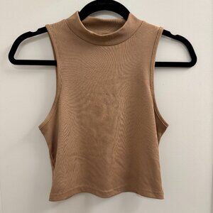 Women's Medium Light Brown Chiquease Stand Collar Rib-Knit Tank Top Crop